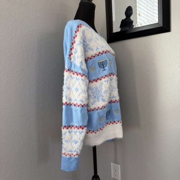 Celebrate Hanukkah Menorah Star of David Blue Knit Pullover Sweater XL - Picture 6 of 12